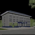 Modern Multi story Office Building With White Exterior Blue Roof And Trees Around Entrance