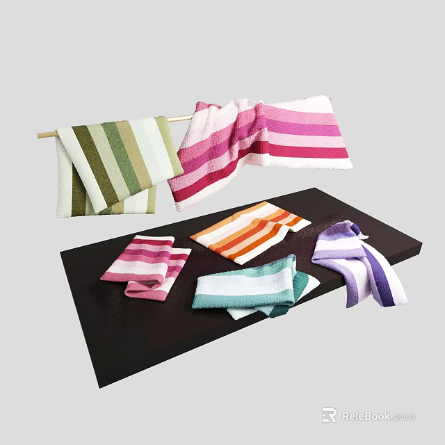 Colorful Striped Towels in Various Colors Displayed on Rack and Tray 3d model 