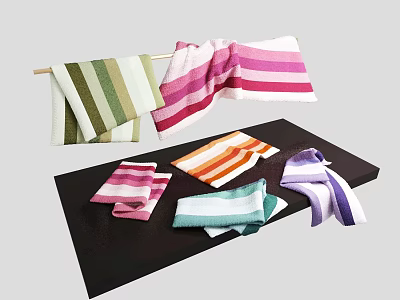 Colorful Striped Towels in Various Colors Displayed on Rack and Tray 3d model