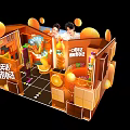 Orange Themed Exhibition Booth With Beverage Products And Brand Display Elements