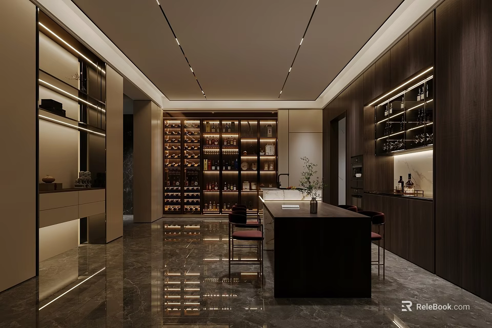 Modern Wine Cellar Interior Design With Dark Wood Racks And Marble Countertop Lighting And Bar Stools 3d model 