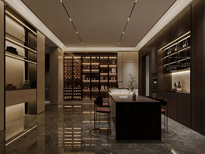 Modern Wine Cellar Interior Design With Dark Wood Racks And Marble Countertop Lighting And Bar Stools 3d model