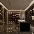 Modern Wine Cellar Interior Design With Dark Wood Racks And Marble Countertop Lighting And Bar Stools
