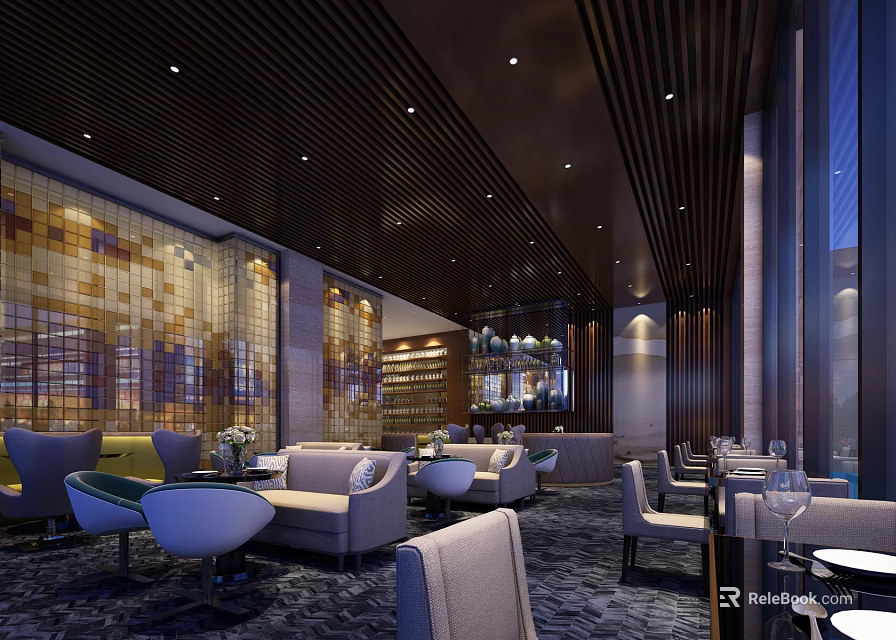Modern Coffee Shop Interior With Comfortable Seating Wooden Ceiling And Mosaic Wall 3d model 