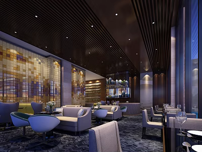Modern Coffee Shop Interior With Comfortable Seating Wooden Ceiling And Mosaic Wall 3d model