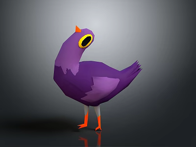 Purple Bird with Orange Beak and Large Eyes in Low Poly Style on Dark Background 3d model