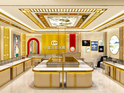 Luxury Jewelry Store Interior For China Gold VIP With Display Counters Chandeliers And Murals 3d model