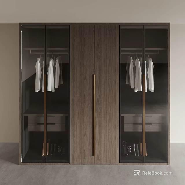 Modern Wardrobe with Glass Doors White Garments Hanging Inside Drawers and Shoes Storage 3d model 