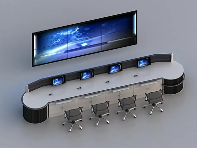 Modern Curved Control Room Desk with Multiple Monitors and Ergonomic Office Chairs 3d model