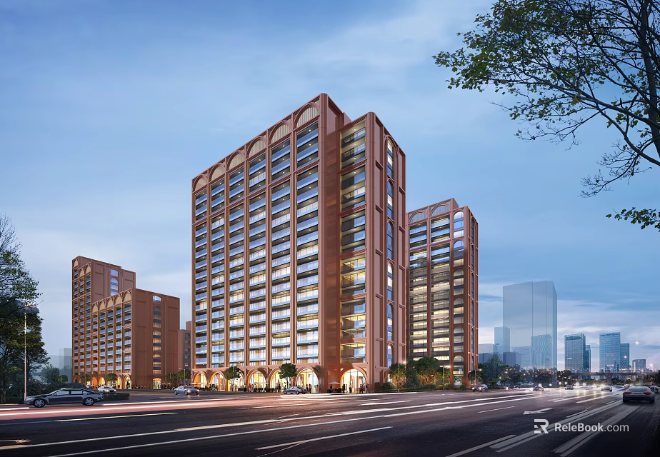 Modern High Rise Office Building with Brick Facade Trees and City Road Skyline View 3d model 