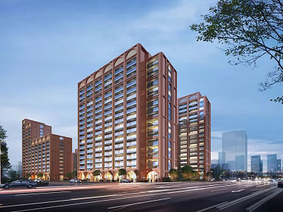 Modern High Rise Office Building with Brick Facade Trees and City Road Skyline View 3d model