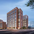 Modern High Rise Office Building with Brick Facade Trees and City Road Skyline View