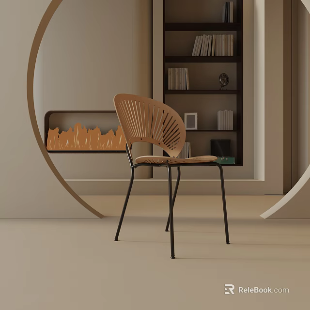 Modern Wooden Dining Chair With Unique Backrest Design Metal Legs And Bookshelf Decor 3d model 