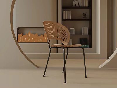 Modern Wooden Dining Chair With Unique Backrest Design Metal Legs And Bookshelf Decor 3d model