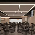 Traditional Chinese Restaurant Interior With Wooden Screen Bamboo Decor And Round Landscape Painting