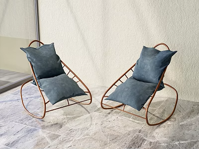 Stylish Metal Frame Rocking Lounge Chairs With Soft Blue Cushions For Balcony Relaxation 3d model