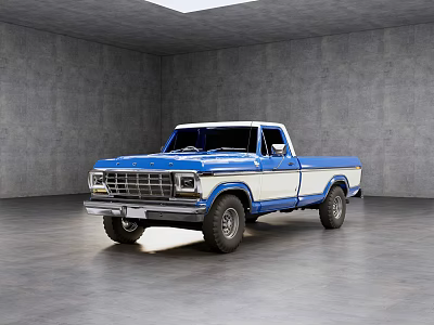 Classic Blue And White Pickup Truck Parked In Gray Interior Space 3d model
