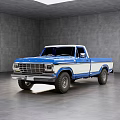 Classic Blue And White Pickup Truck Parked In Gray Interior Space