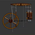 Vintage Mechanical Device With Large Wooden Wheel And Suspended Copper Containers On Metal Support Frame