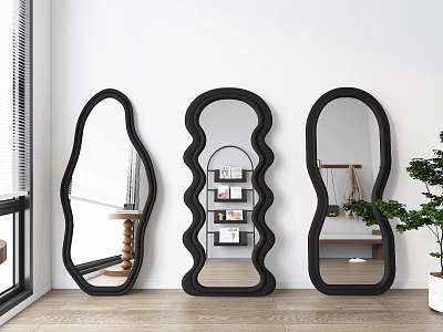 Three Wavy Black Framed Mirrors in Modern Indoor Design Against White Wall and Wooden Floor 3d model