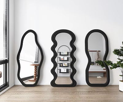 Three Wavy Black Framed Mirrors in Modern Indoor Design Against White Wall and Wooden Floor 3d model