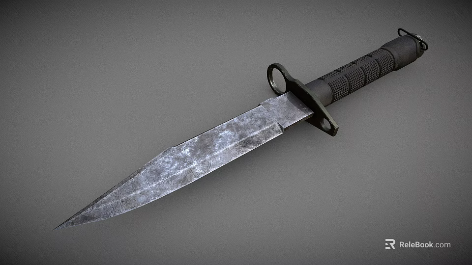 Tactical Military Knife With Worn Metal Blade And Black Textured Handle Isolated On Gray Background 3d model 