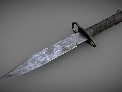 Tactical Military Knife With Worn Metal Blade And Black Textured Handle Isolated On Gray Background 3d model