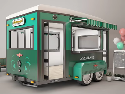 Green Verdure Food Truck With Awning Windows Menu Board And Side Balloons 3d model