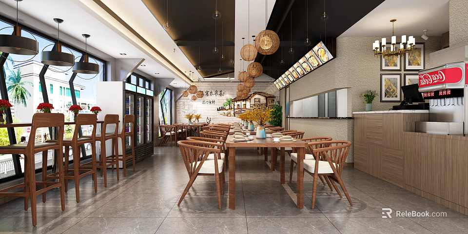 Cozy Restaurant Interior With Wooden Tables Chairs Hanging Lanterns Decorative Plants And Menu Displays 3d model 