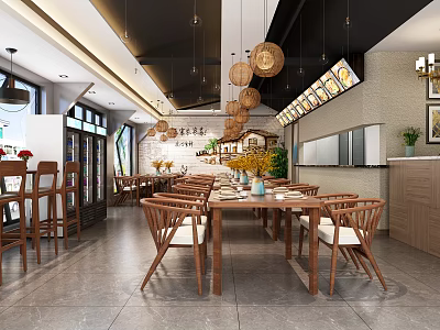 Cozy Restaurant Interior With Wooden Tables Chairs Hanging Lanterns Decorative Plants And Menu Displays 3d model