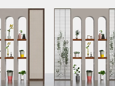 Modern Lattice and Slatted Room Dividers with Arched Shelves and Decorative Plants in Interior 3d model