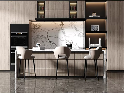 Modern Bar Counter With Marble Surface And Stools In Contemporary Kitchen Interior 3d model