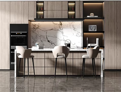 Modern Bar Counter With Marble Surface And Stools In Contemporary Kitchen Interior 3d model