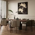 Elegant Restaurant Interior With Wooden Dining Table Stylish Chairs Abstract Artwork And Green Plant