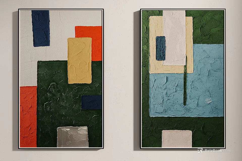 Two Modern Colorful Abstract Paintings Featuring Geometric Shapes And Textured Surfaces 3d model 