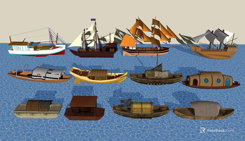 Various Traditional Wooden Boats with Sails and Unique Designs on Blue Water 3d model 