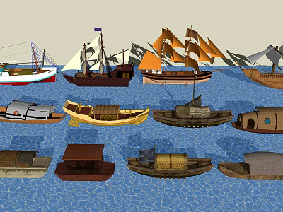 Various Traditional Wooden Boats with Sails and Unique Designs on Blue Water 3d model