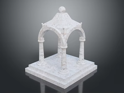 Ornate White Marble Gazebo Structure With Arched Columns And Solid Base 3d model