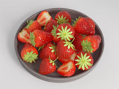 Ceramic Plate Filled With Fresh Whole And Sliced Strawberries With Green Leaves 3d model