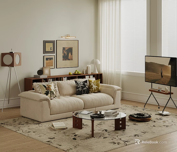 Modern Beige Sofa with Decorative Pillows and Glass Coffee Table Set in Living Room 3d model 