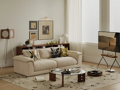 Modern Beige Sofa with Decorative Pillows and Glass Coffee Table Set in Living Room 3d model