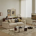 Modern Beige Sofa with Decorative Pillows and Glass Coffee Table Set in Living Room