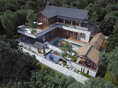 Scenic Modern Chinese Style Detached Villa With Courtyard Terrace Tiled Roof And Forest Surroundings 3d model