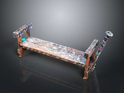 Rustic Wooden Outdoor Bench With Decorative Armrests Carved Details And Textured Surface 3d model