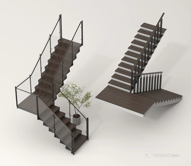 Modern Indoor Staircase Design With Dark Wooden Steps And Black Railings 3d model 