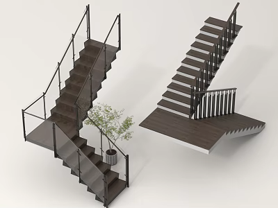 Modern Indoor Staircase Design With Dark Wooden Steps And Black Railings 3d model