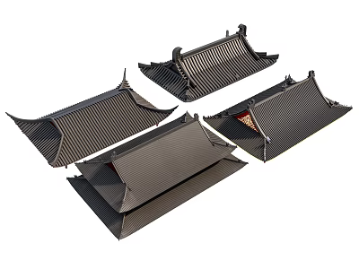 Traditional Chinese Style Roof Components With Curved Eaves And Black Tiles 3d model