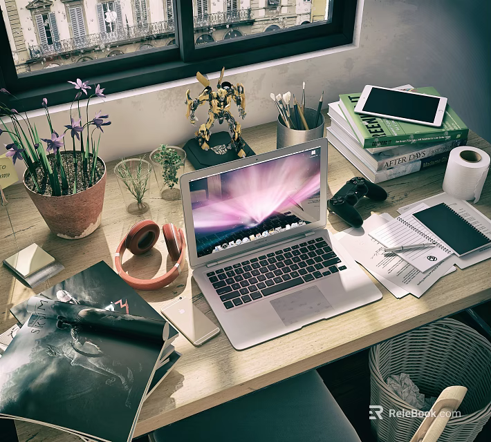 Laptop With Colorful Screen On Wooden Desk With Potted Plant Tablet Camera And Notebooks 3d model 