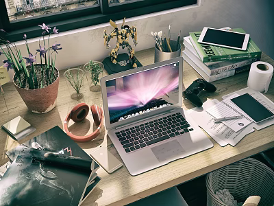 Laptop With Colorful Screen On Wooden Desk With Potted Plant Tablet Camera And Notebooks 3d model