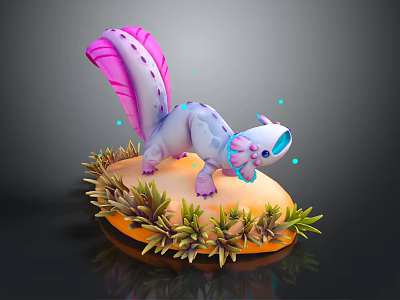Blue Purple Creature With Pink Purple Decorative Tail In Green Orange Plants Grey Background 3d model